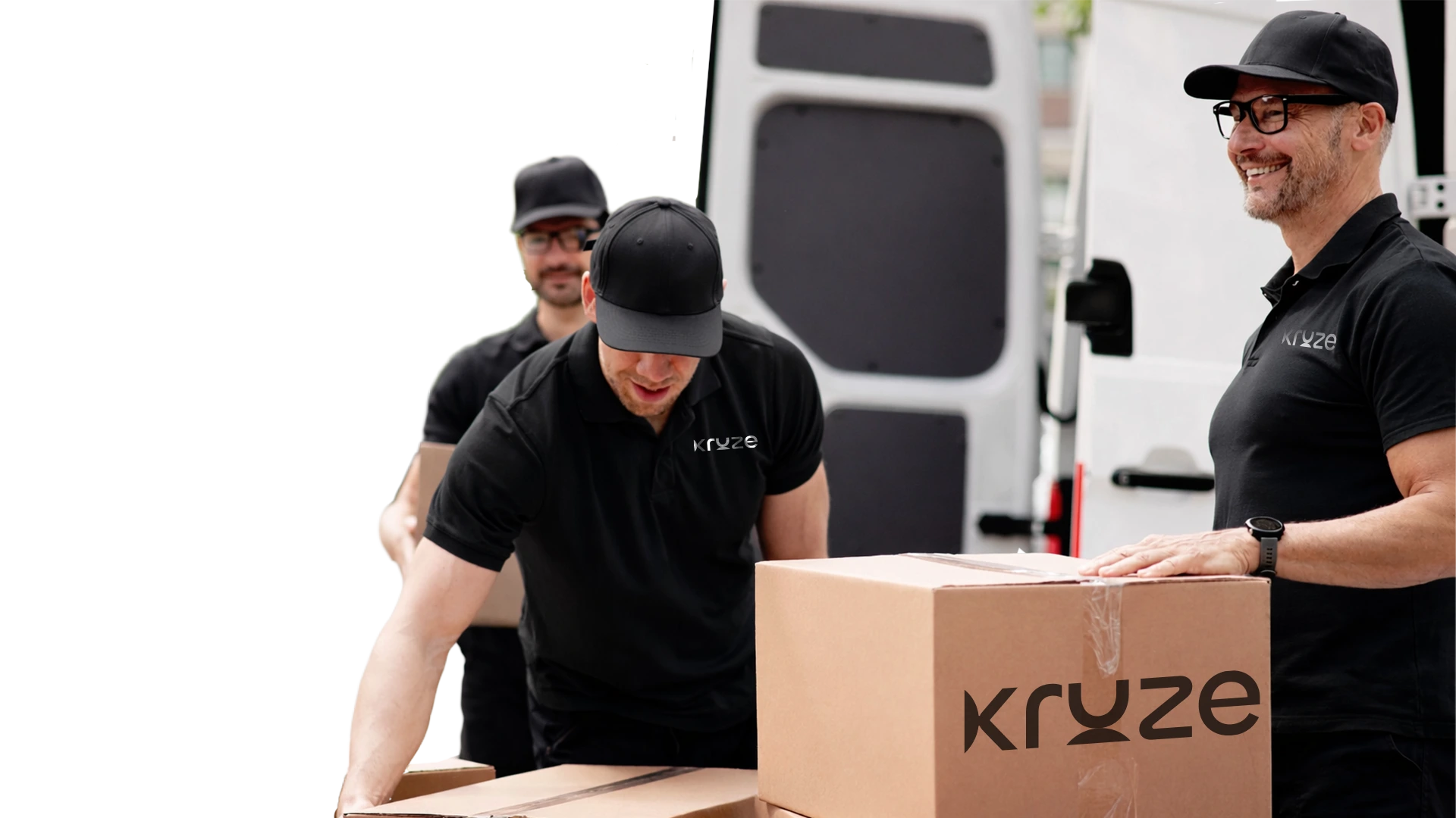Kruze movers handling cardboard boxes during relocation service