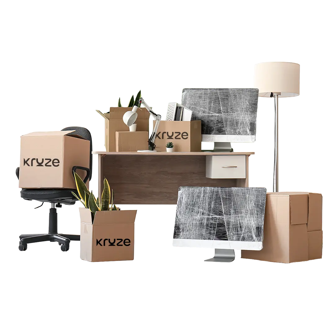 furniture with packed Kruze branded moving boxes