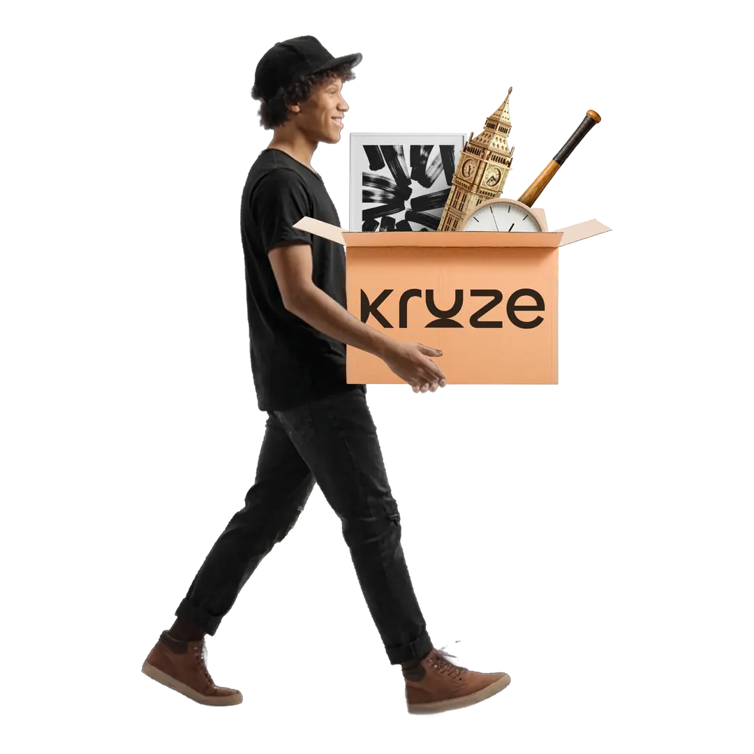 delivery person carrying a Kruze branded cardboard box
